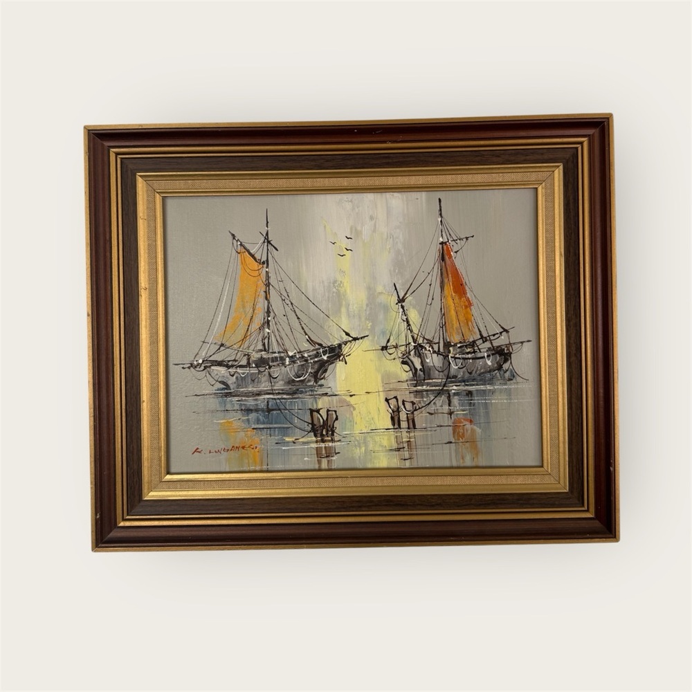 Vintage MCM signed framed Renato Longanesi boat painting
